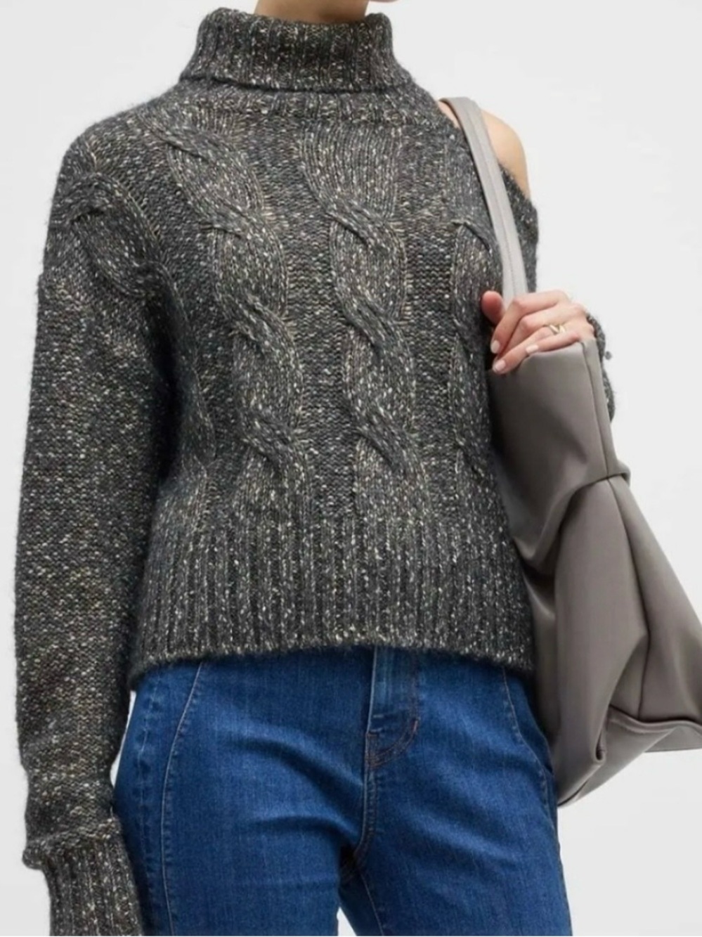 Veronica Beard Selleck Charcoal Cable Turtleneck Sweater Open Shoulder Sm
